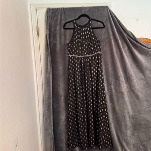 SLNY Elegant Black Maxi Dress with Gold Pattern